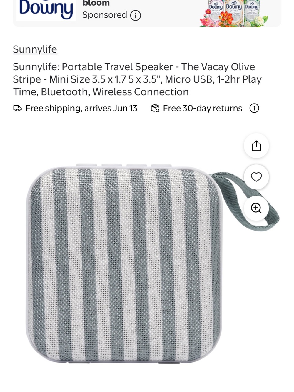 Sunnylife Gray & White Striped Portable Bluetooth Speaker with Carry Strap